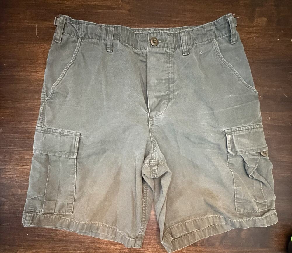 Vintage Military Issue Utility Shorts Olive Green Workwear Adjustable Waist 34